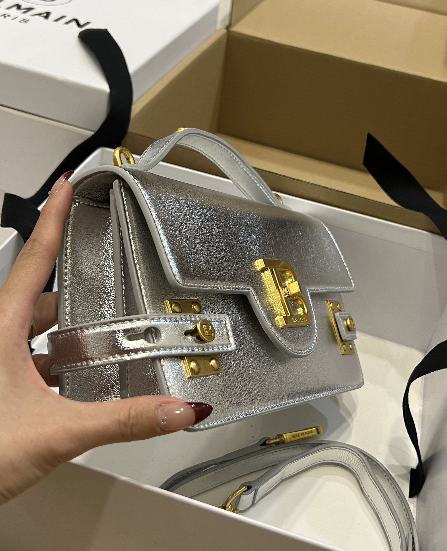 Balmain logo-plaque Leather Shoulder Bag in silver BALMAIN  0139