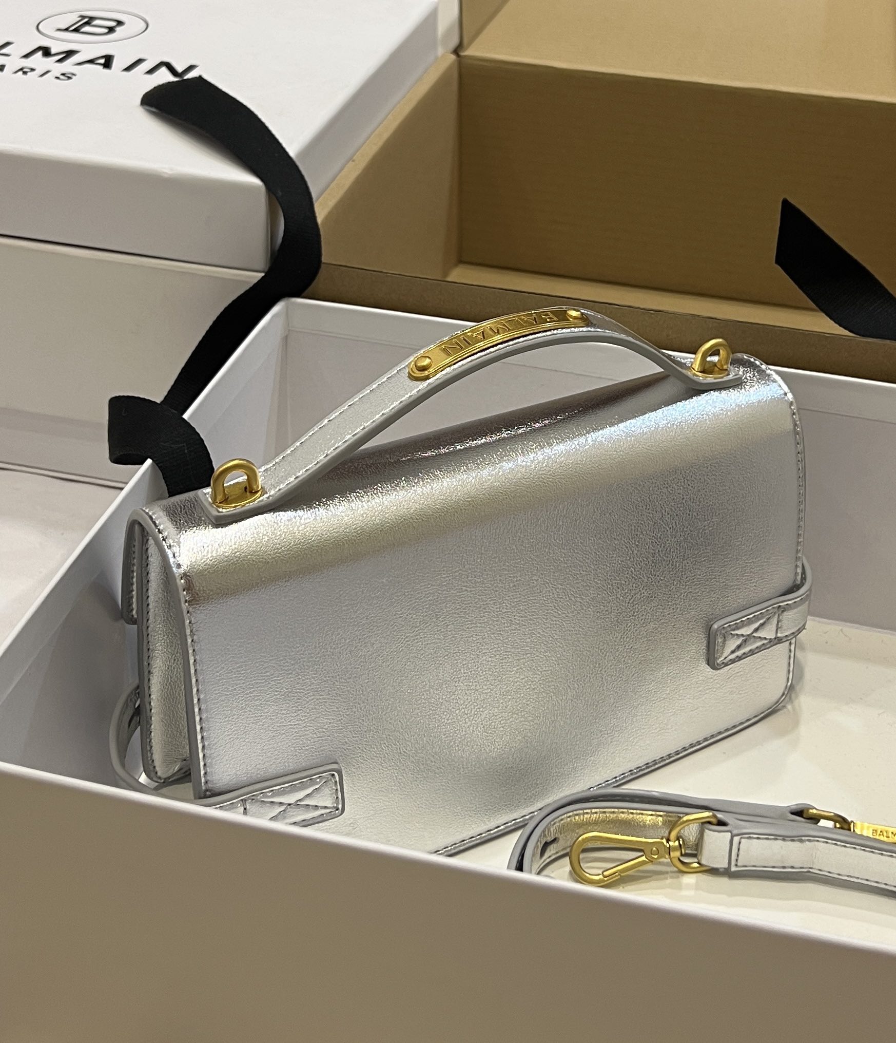 Balmain logo-plaque Leather Shoulder Bag in silver BALMAIN  0139