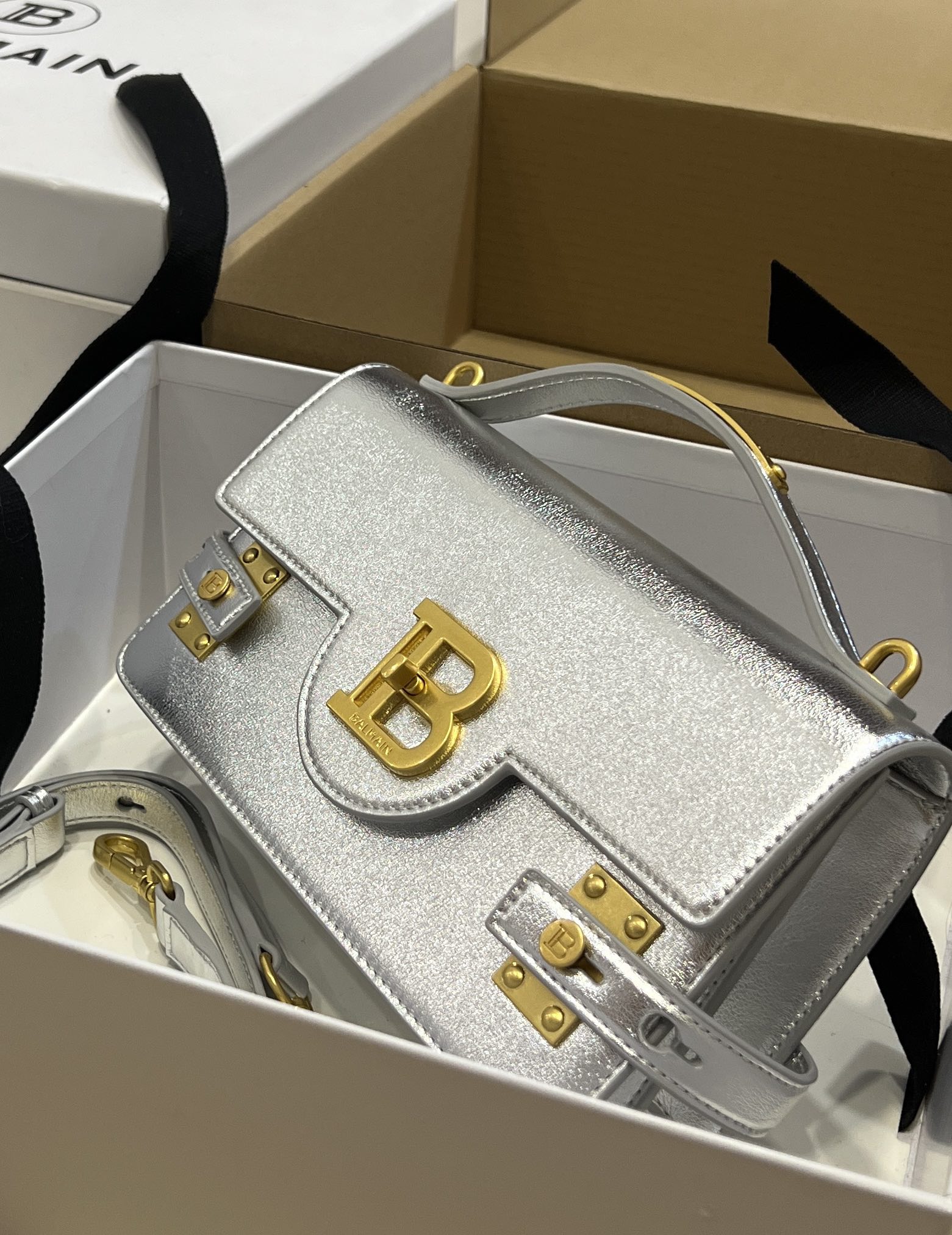 Balmain logo-plaque Leather Shoulder Bag in silver BALMAIN  0139