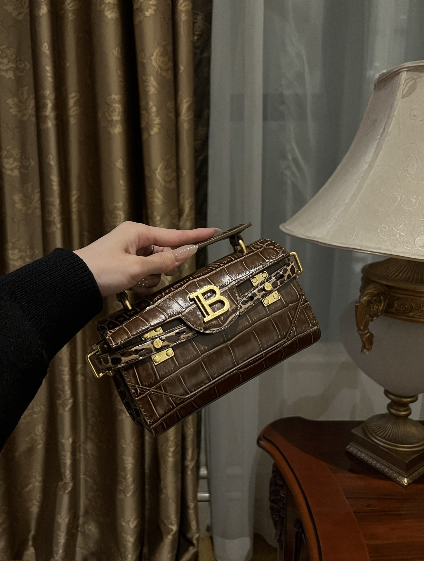 Balmain Brown Croc B-Buzz 19 Baguette Bag Balmain