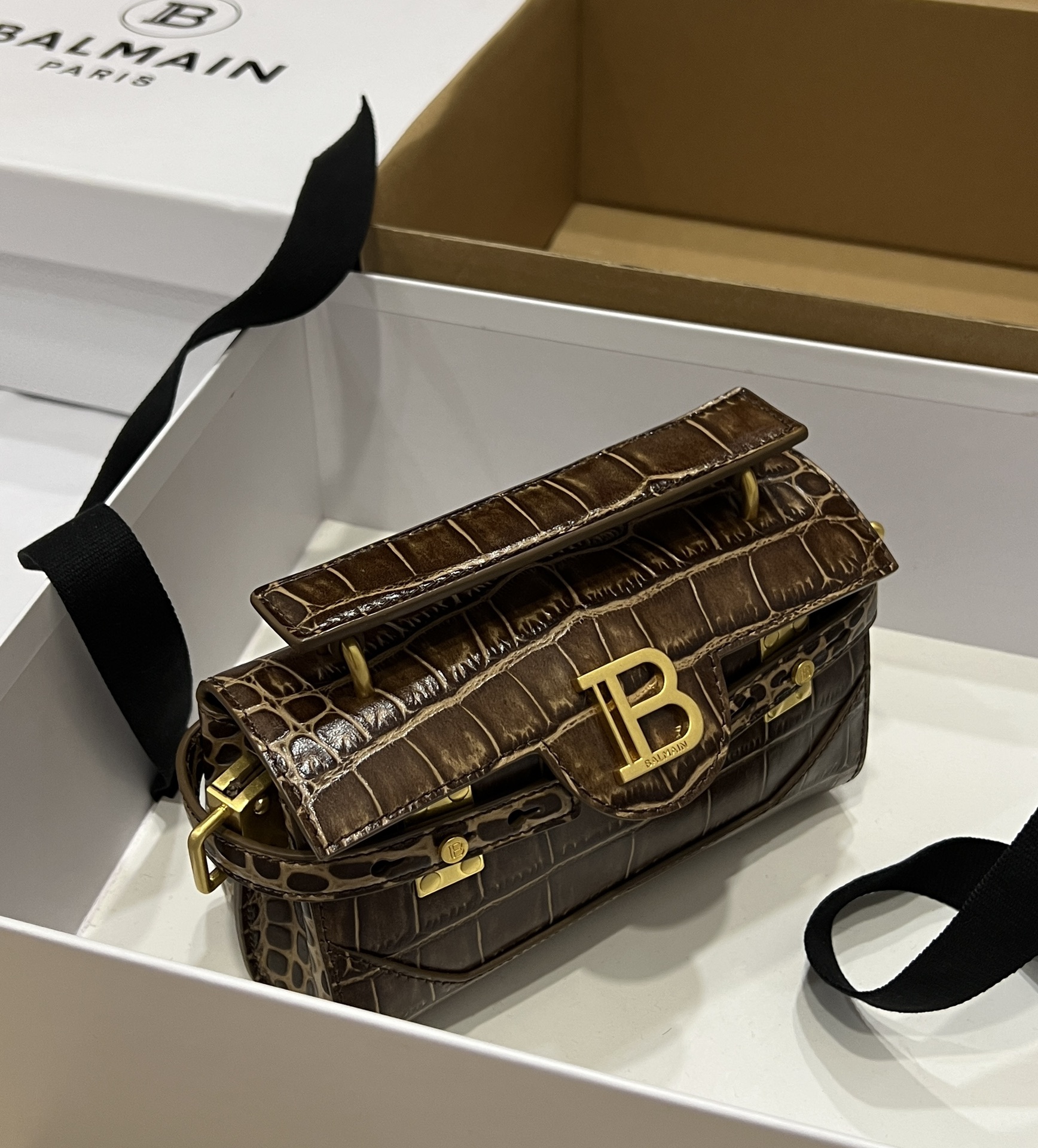 Balmain Brown Croc B-Buzz 19 Baguette Bag Balmain