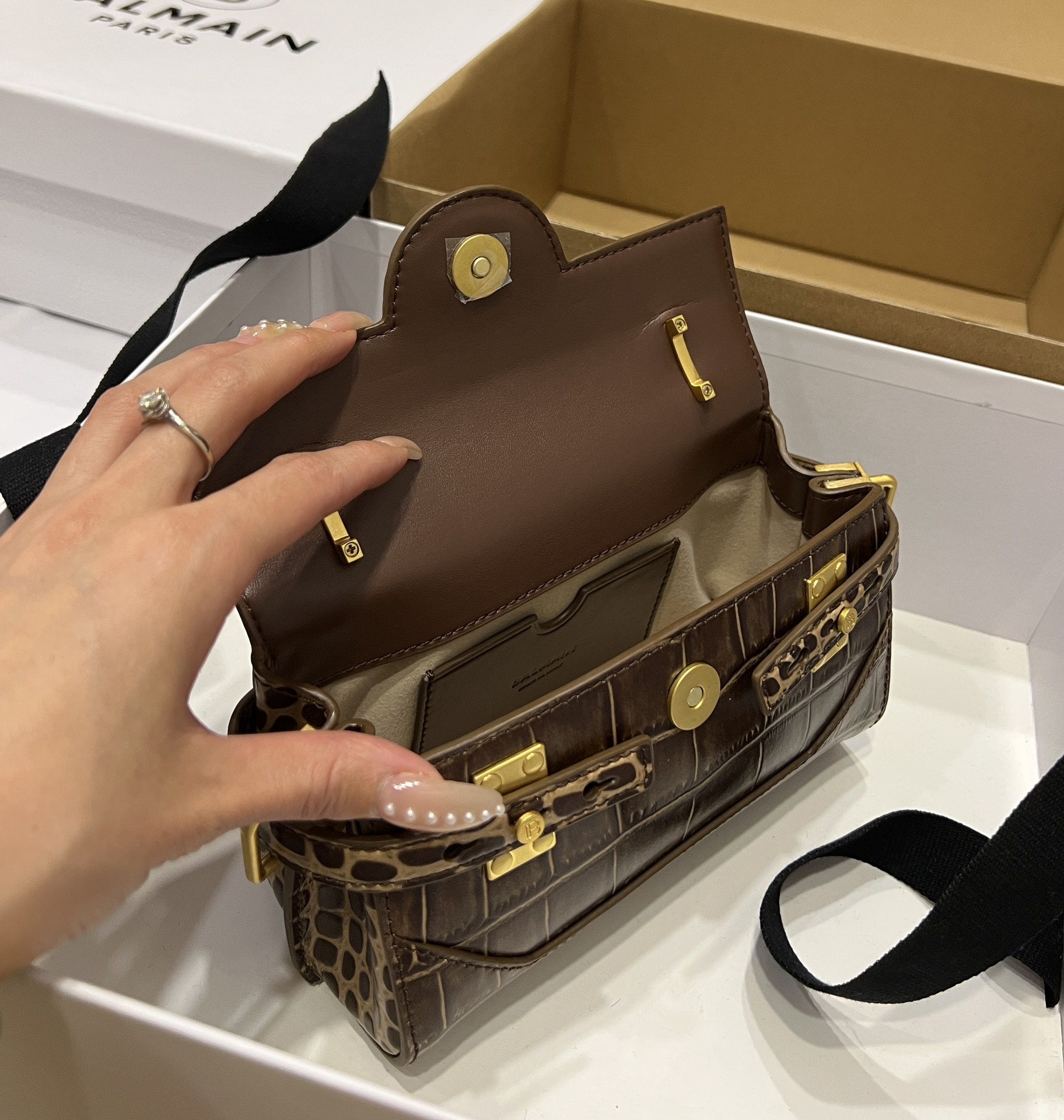 Balmain Brown Croc B-Buzz 19 Baguette Bag Balmain