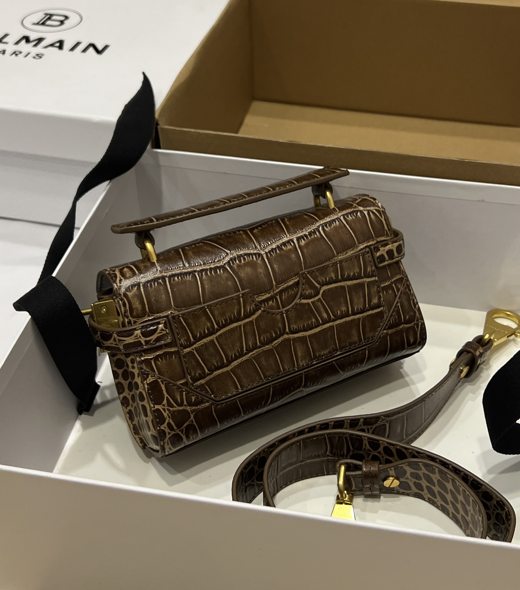 Balmain Brown Croc B-Buzz 19 Baguette Bag Balmain