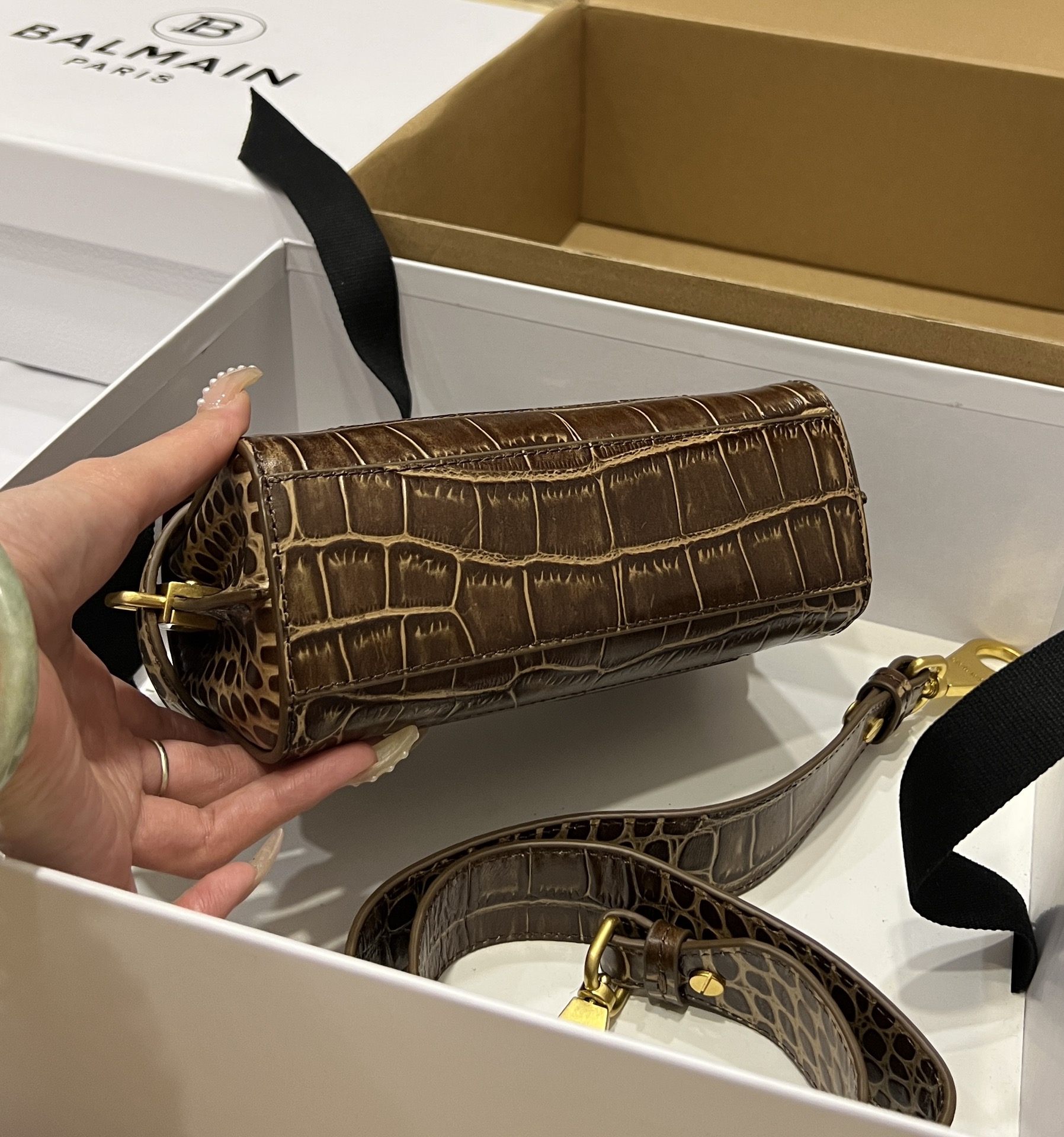 Balmain Brown Croc B-Buzz 19 Baguette Bag Balmain