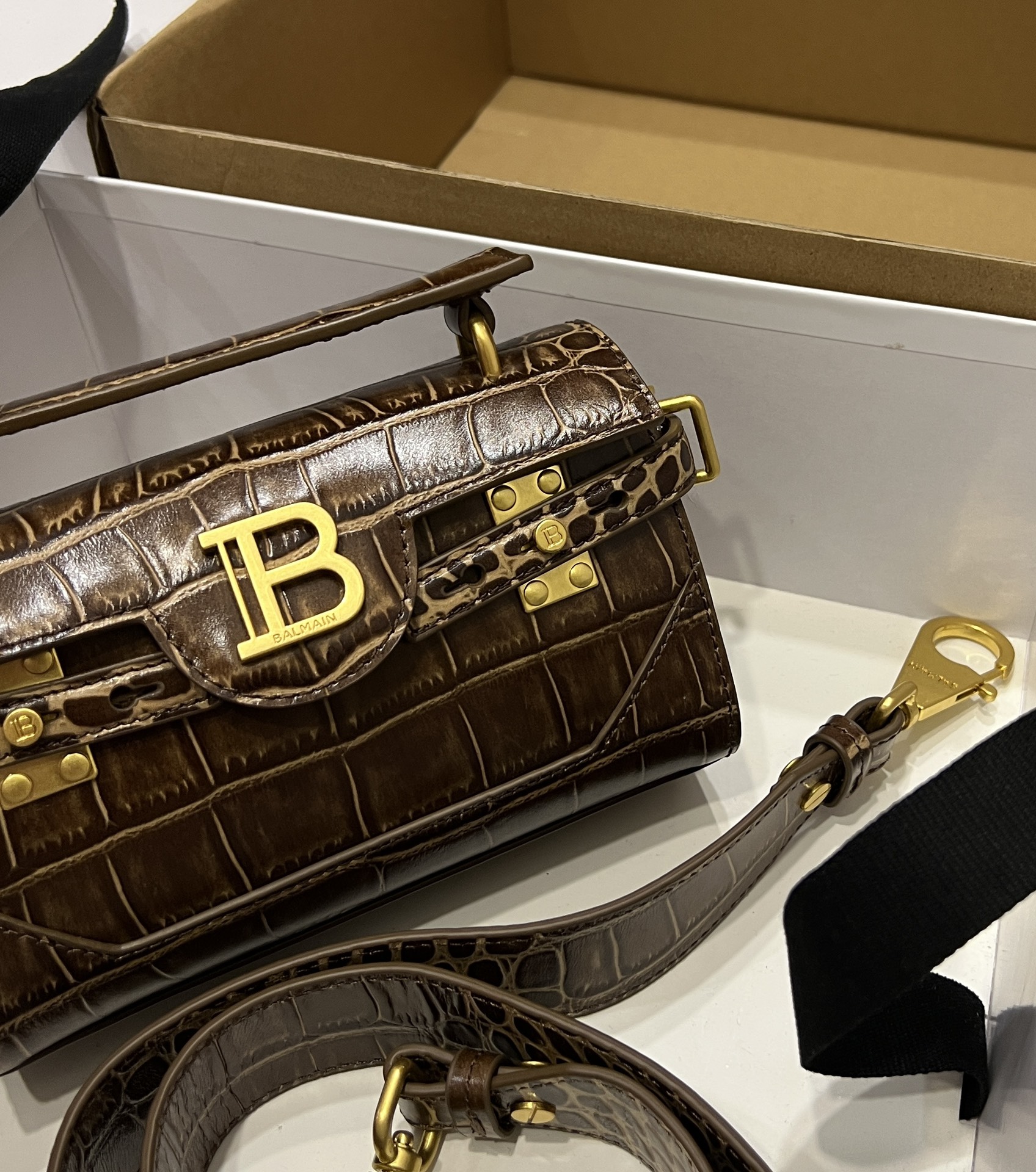 Balmain Brown Croc B-Buzz 19 Baguette Bag Balmain