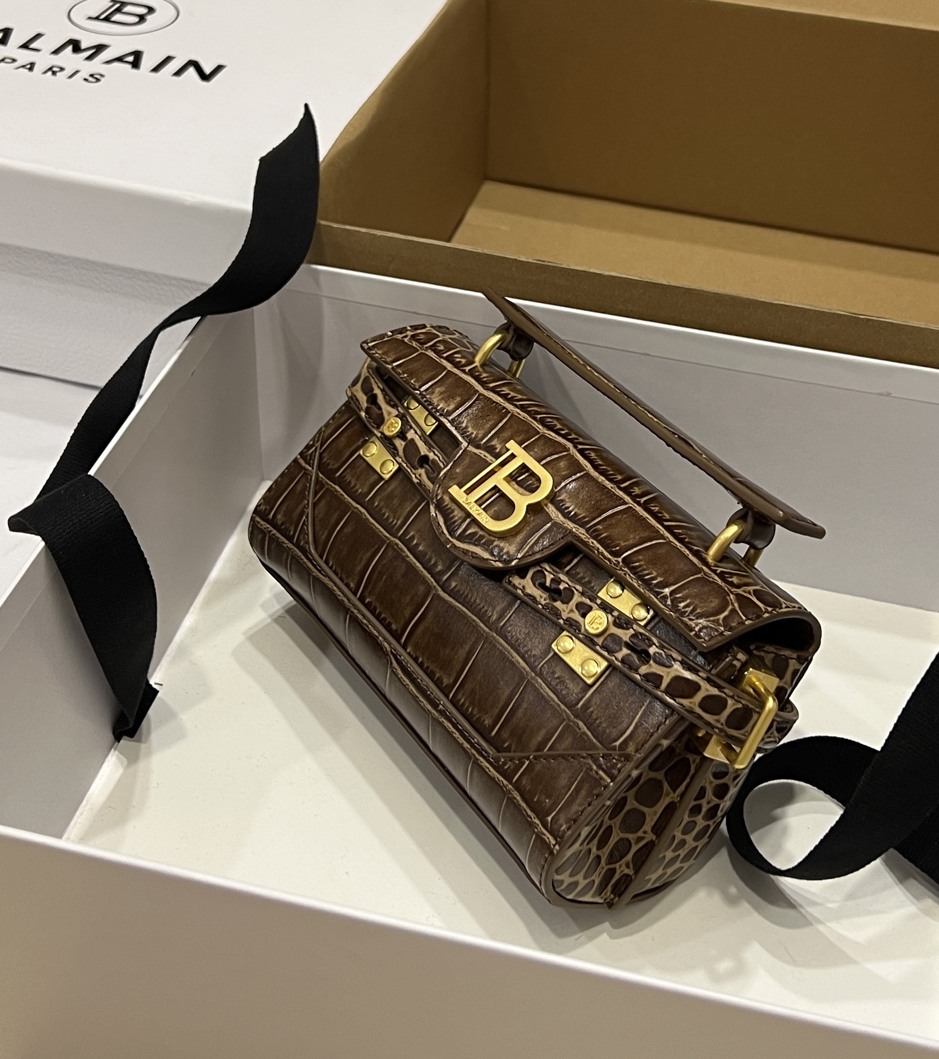 Balmain Brown Croc B-Buzz 19 Baguette Bag Balmain
