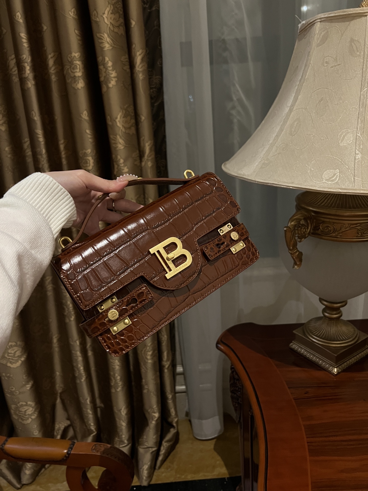 Balmain B-Buzz 24 monogrammed grained leather bag red brown