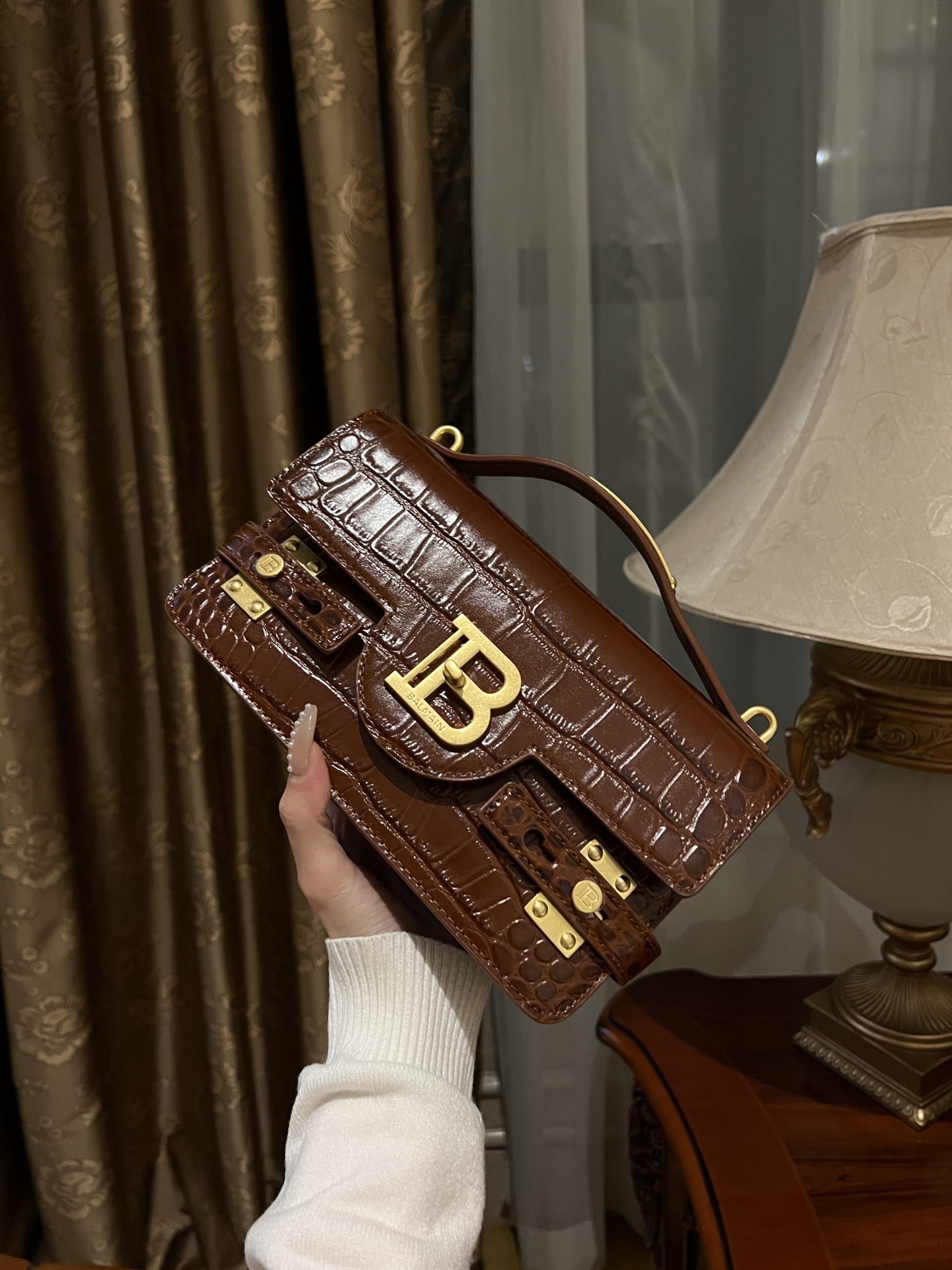 Balmain B-Buzz 24 monogrammed grained leather bag red brown