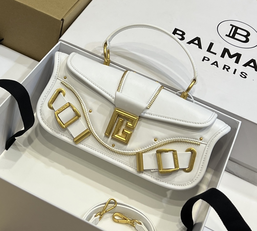 Balmain Women Blaze Grained Leather Clutch Bag-White