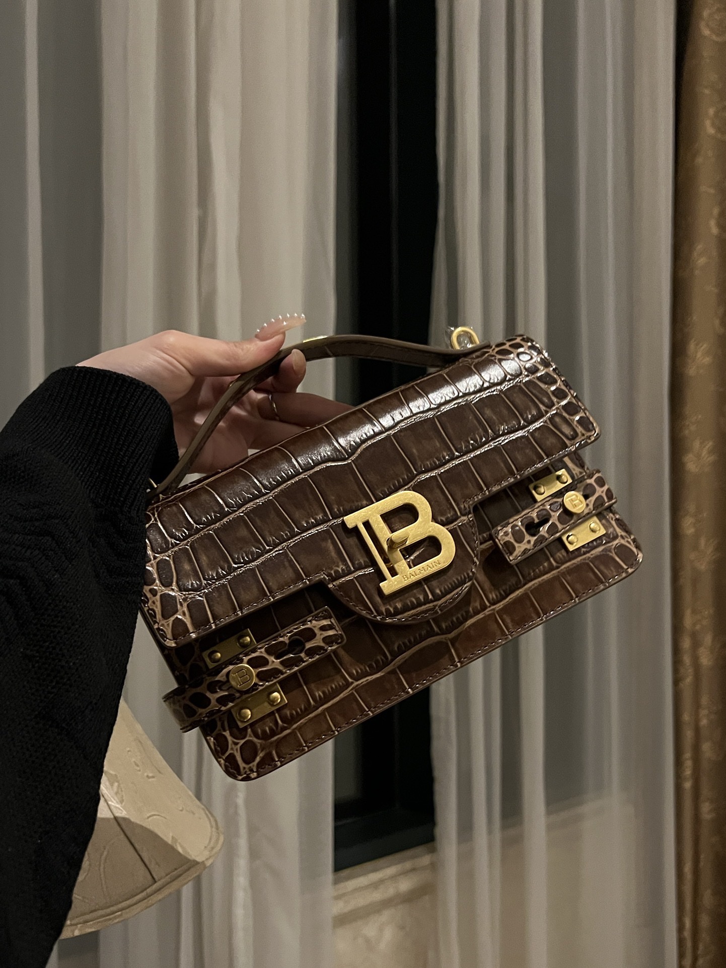Balmain B-Buzz 24 grained monogram leather Shoulder bag brown