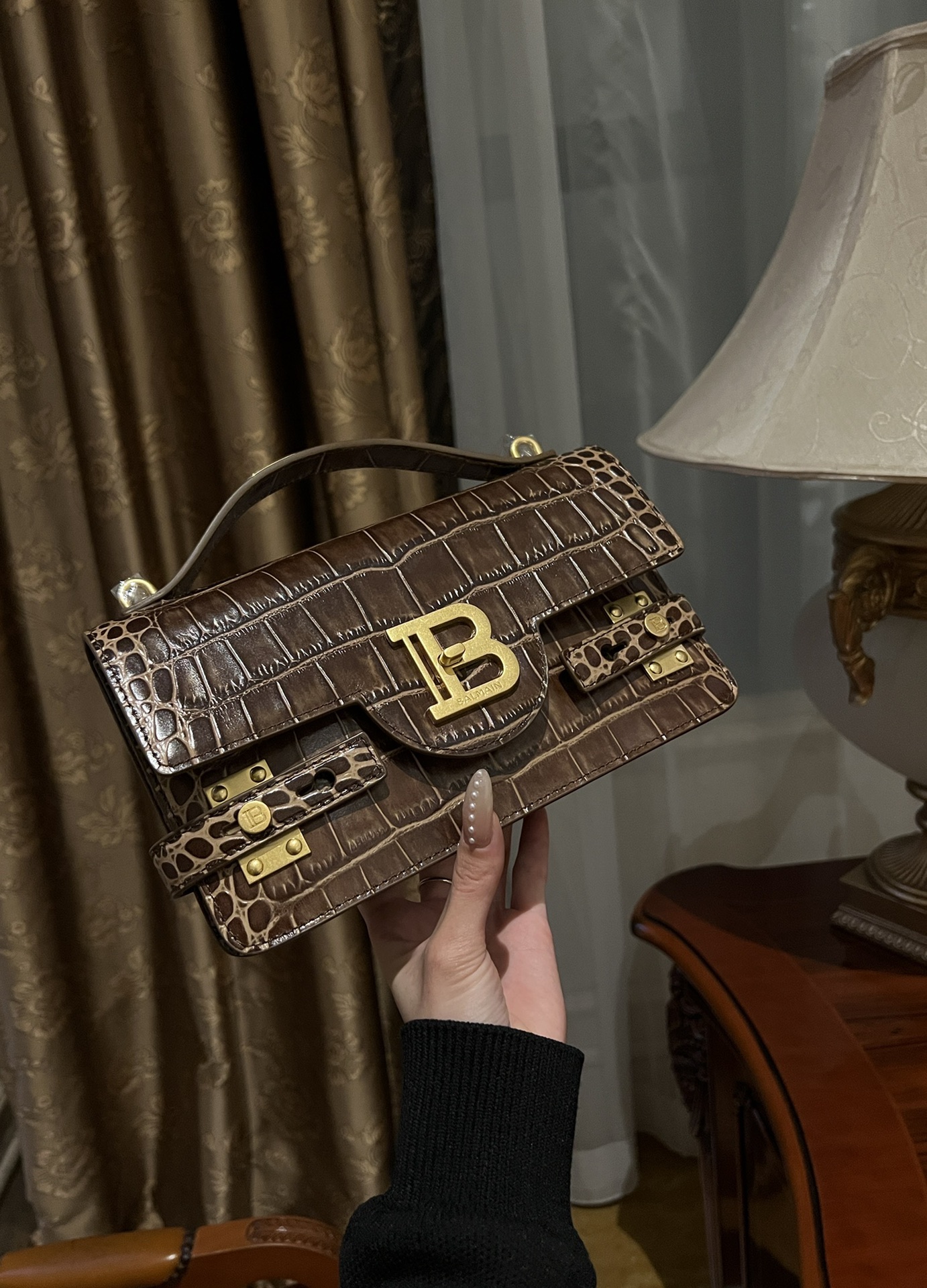 Balmain B-Buzz 24 grained monogram leather Shoulder bag brown