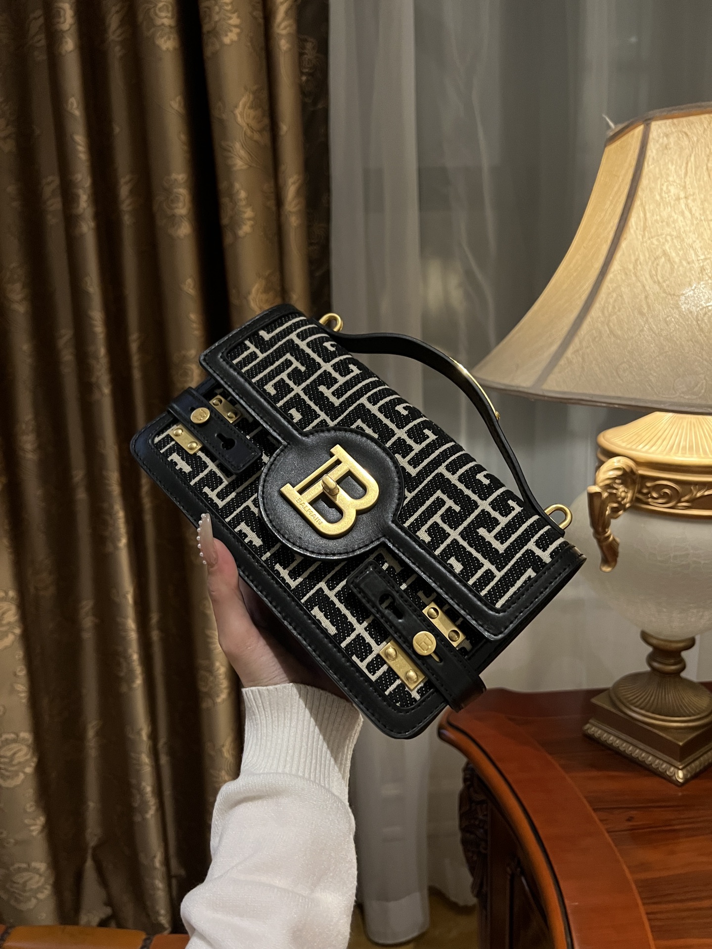 Balmain B-Buzz Shoulder 24 bag in calfskin and PB jacquard canvas