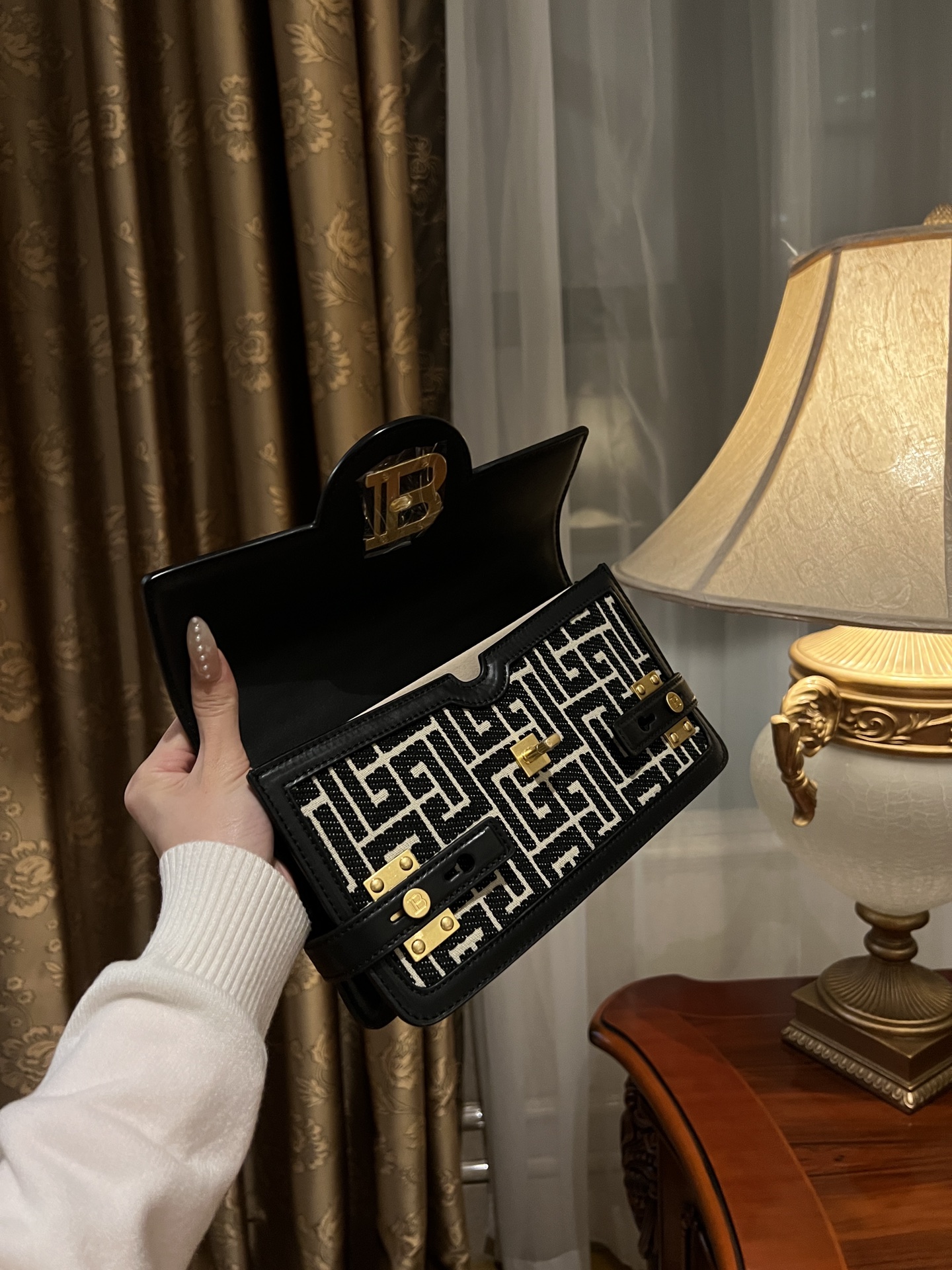 Balmain B-Buzz Shoulder 24 bag in calfskin and PB jacquard canvas