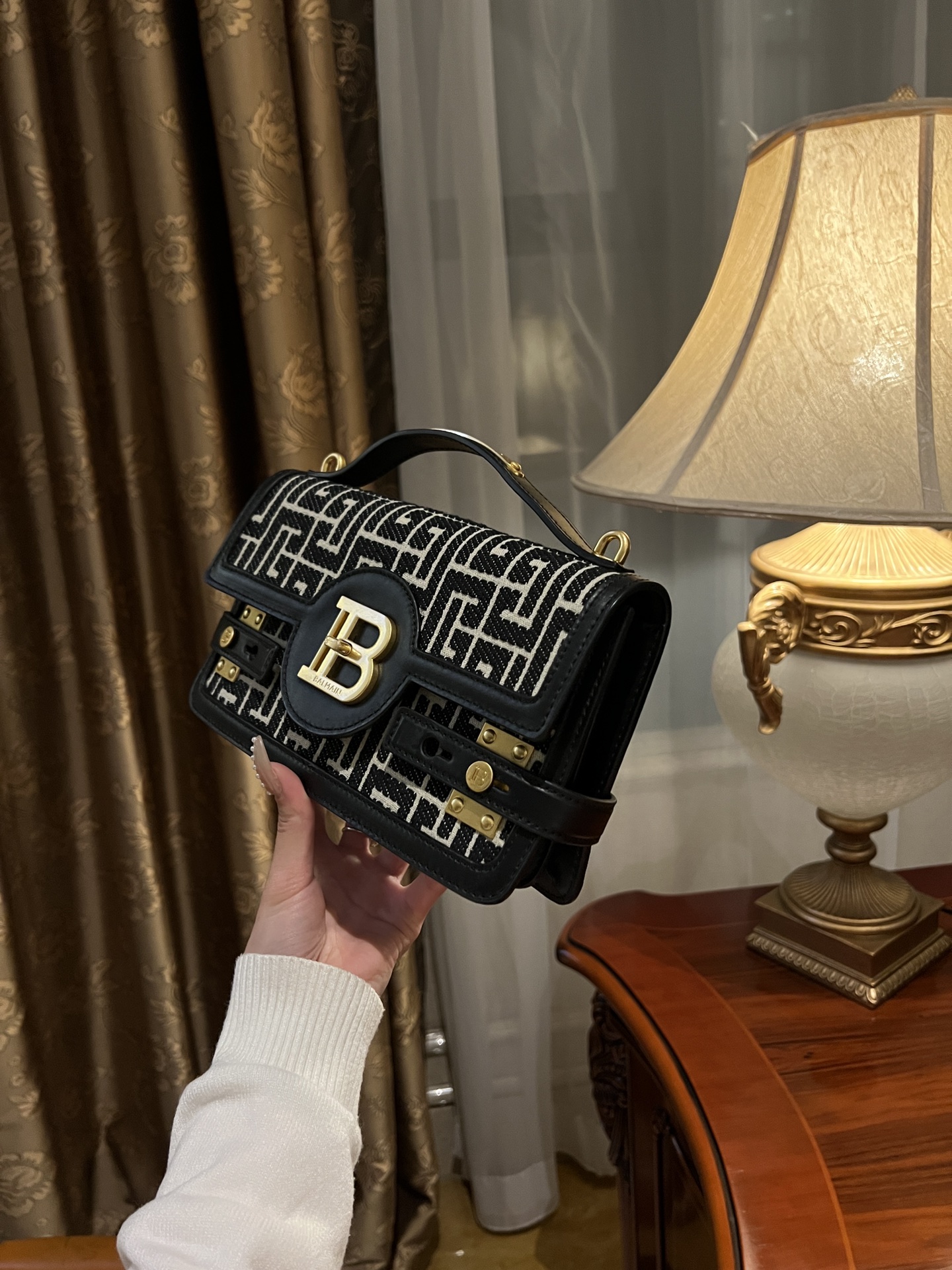 Balmain B-Buzz Shoulder 24 bag in calfskin and PB jacquard canvas