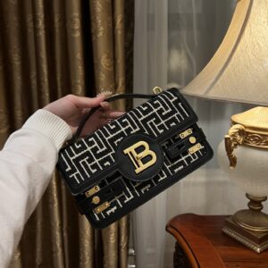 Balmain B-Buzz Shoulder 24 bag in calfskin and PB jacquard canvas