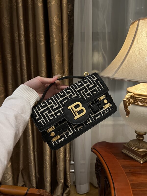 Balmain B-Buzz Shoulder 24 bag in calfskin and PB jacquard canvas
