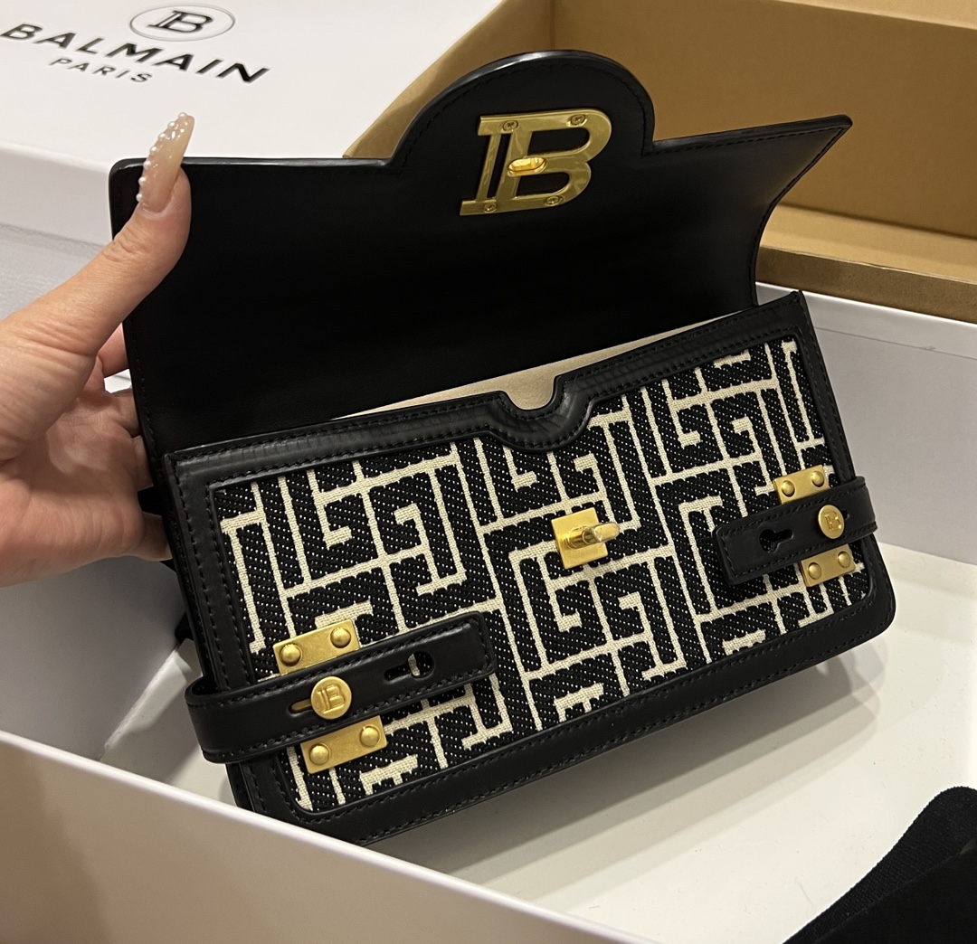 Balmain B-Buzz Shoulder 24 bag in calfskin and PB jacquard canvas
