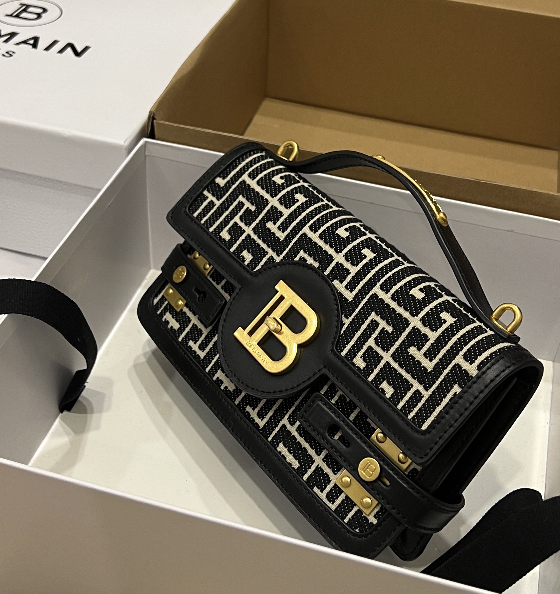 Balmain B-Buzz Shoulder 24 bag in calfskin and PB jacquard canvas