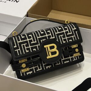 Balmain B-Buzz Shoulder 24 bag in calfskin and PB jacquard canvas