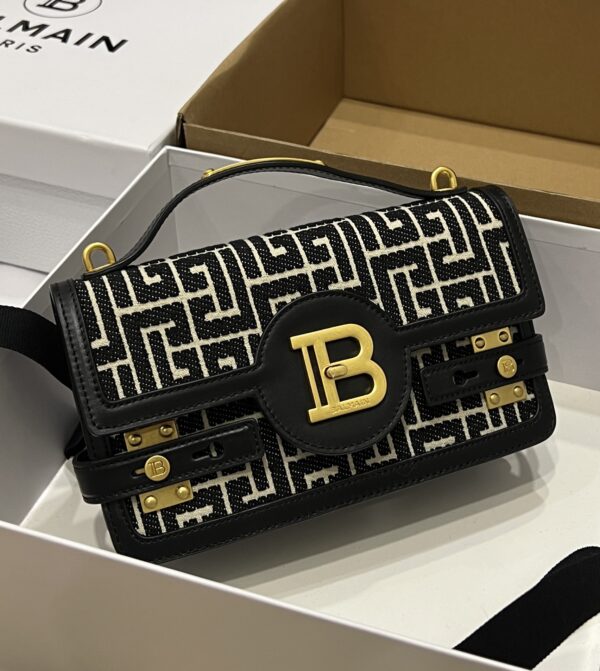 Balmain B-Buzz Shoulder 24 bag in calfskin and PB jacquard canvas