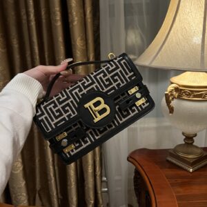 B-Buzz Shoulder 24 bag in calfskin and PB jacquard canvas – Women | BALMAIN