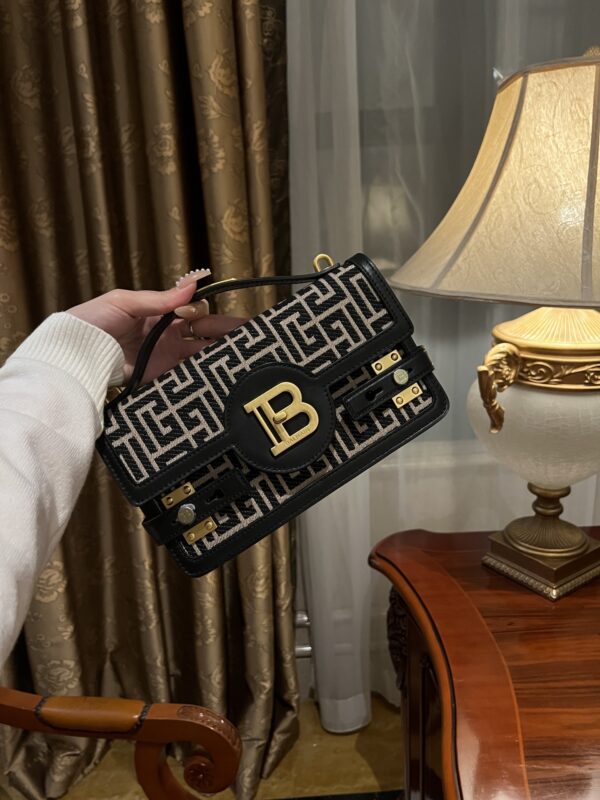B-Buzz Shoulder 24 bag in calfskin and PB jacquard canvas - Women | BALMAIN