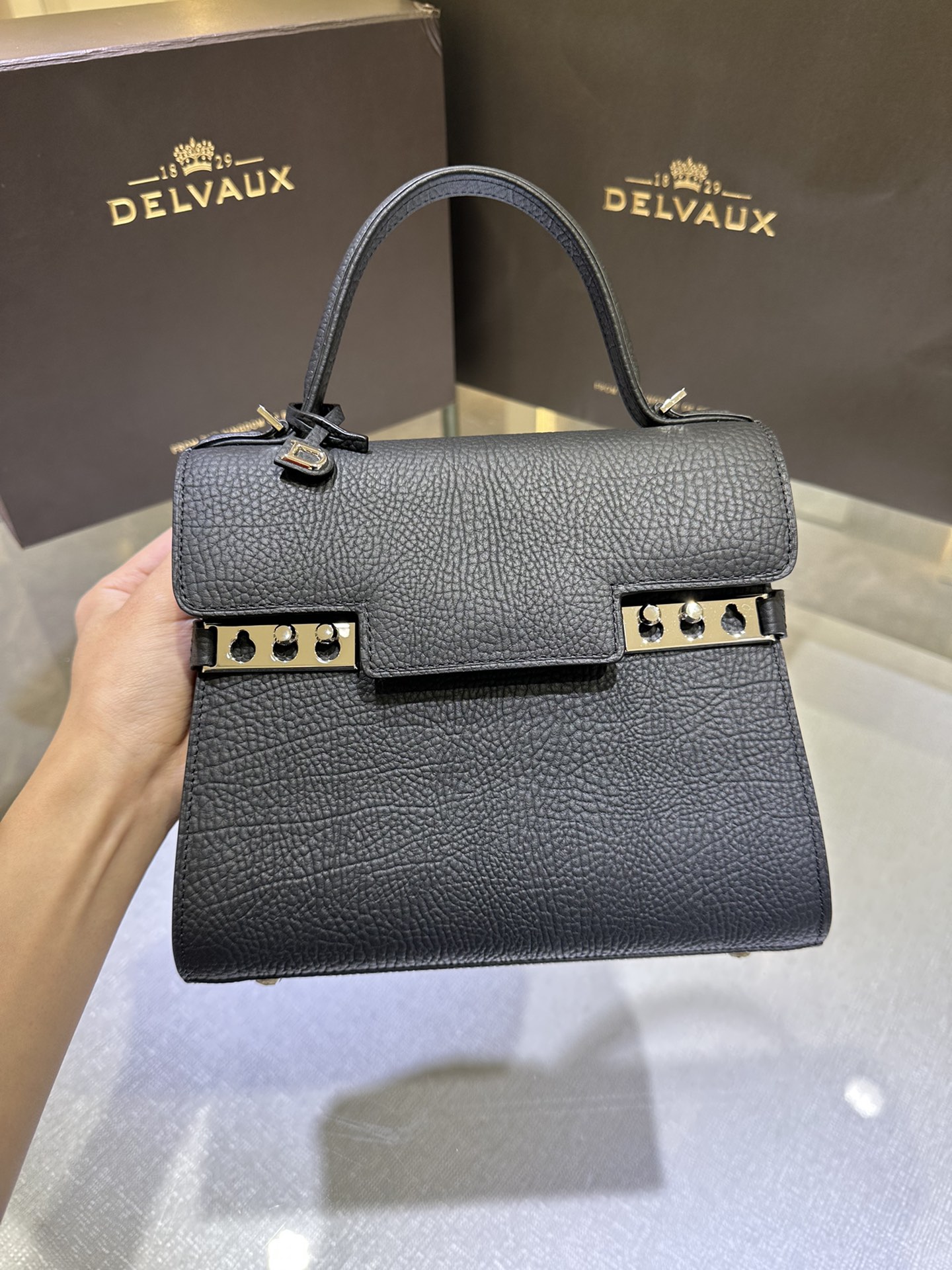 Delvaux Tempête PM Handbag British BLACK Leather Pony-style calfskin