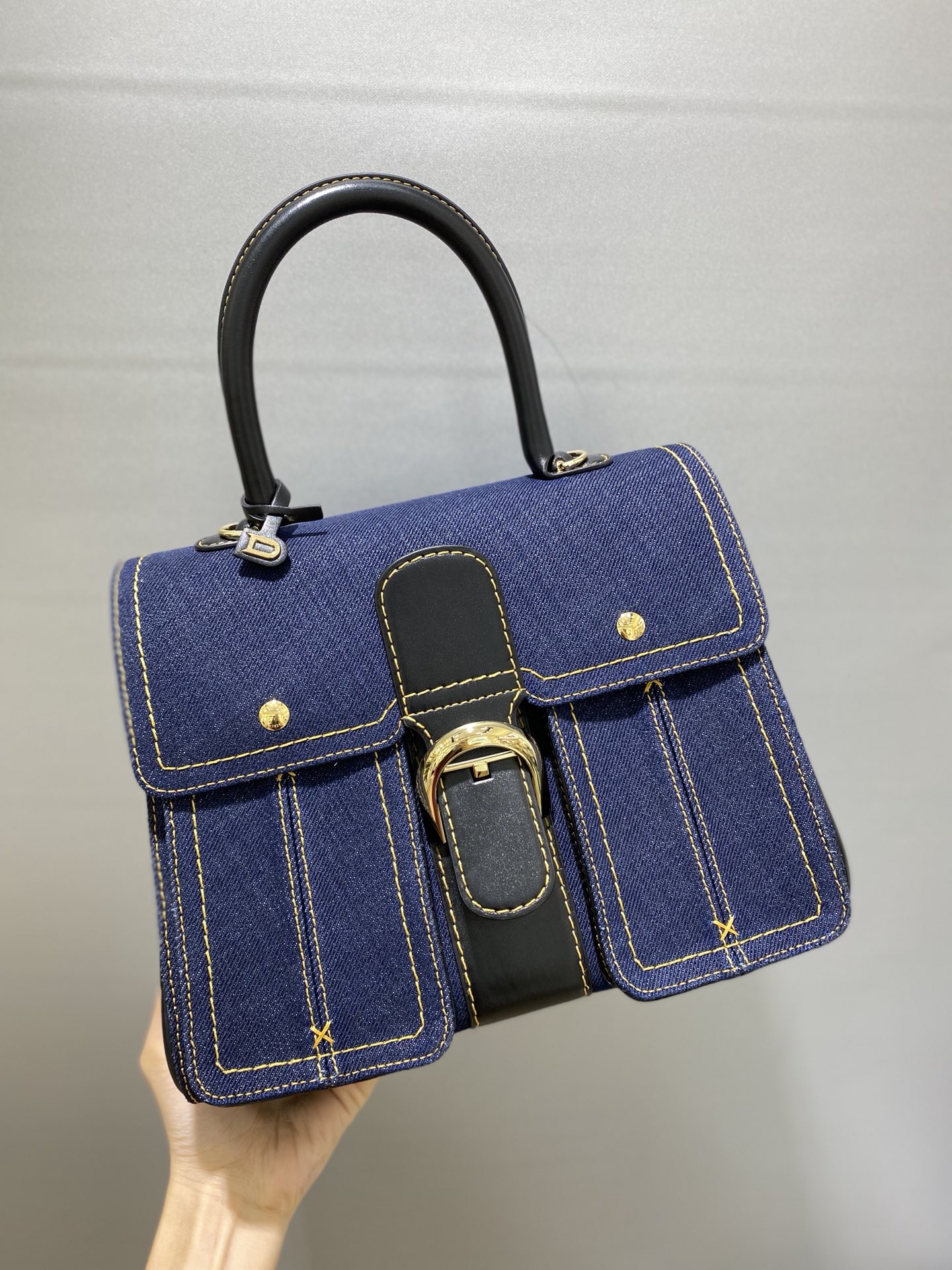 Delvaux Brillant-Dark Blue Denim Tote,Black Patent …