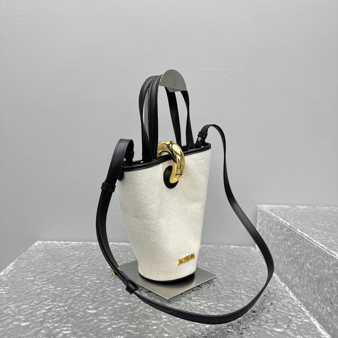 Light Greige and Black Le Petit Bambola Bag in Linen and