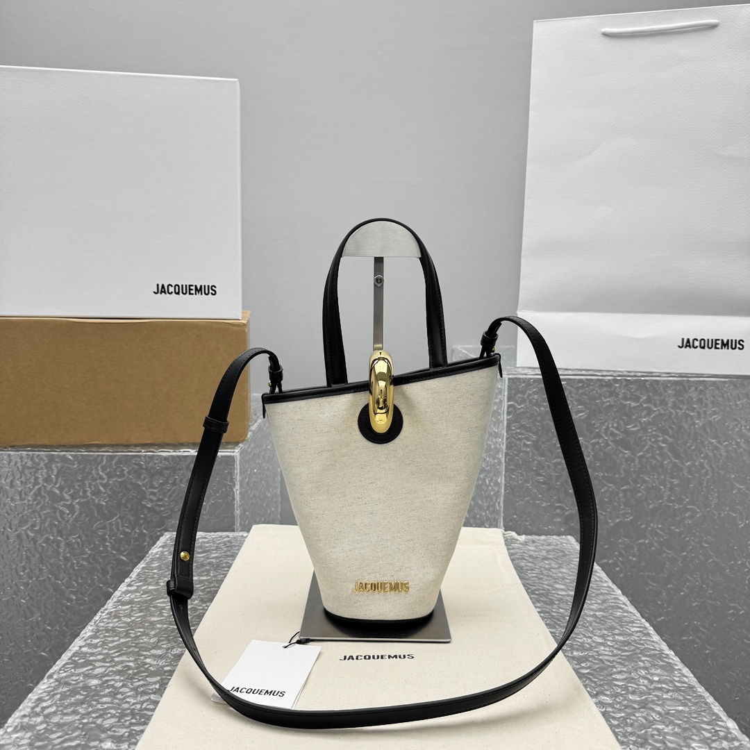 Light Greige and Black Le Petit Bambola Bag in Linen and