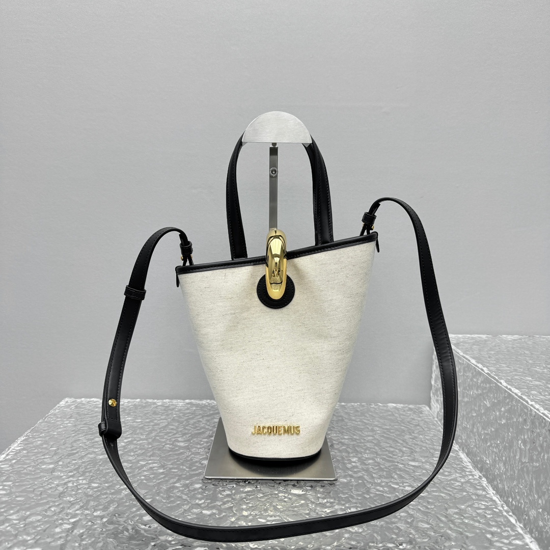 Light Greige and Black Le Petit Bambola Bag in Linen and