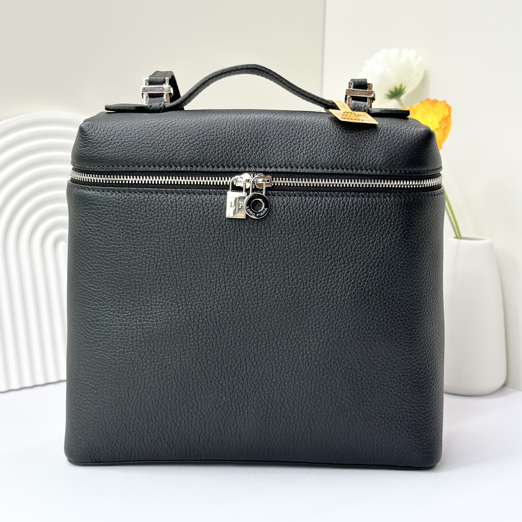 Loro Piana Black Extra Pocket L23.5 Backpack in Calfskin Leather for Women