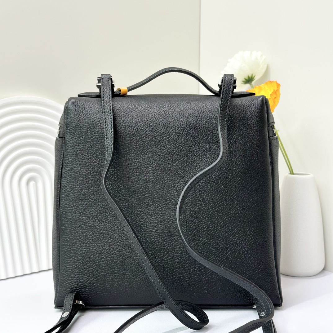 Loro Piana Black Extra Pocket L23.5 Backpack in Calfskin Leather for Women
