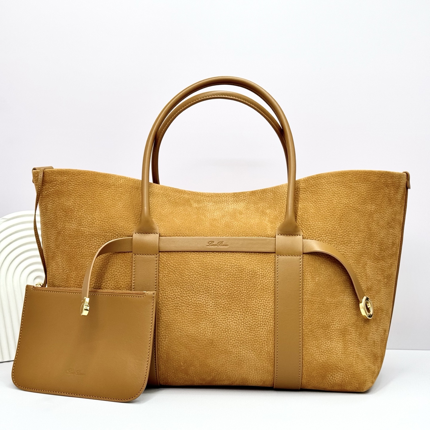 Loro Piana Ghiera Shopper Large Calfskin Bon Ton Brown/Sun Gold