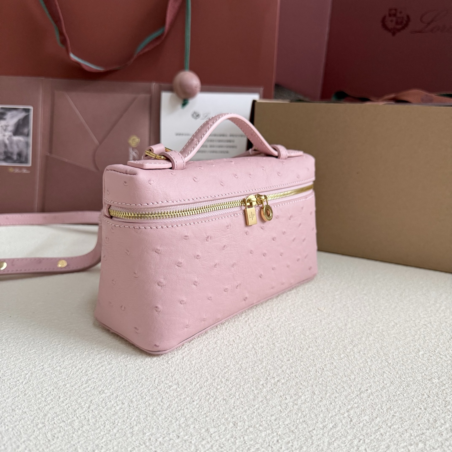 Loro Piana LP19 Extra Pocket in Pink Ostrich GHW Comes ...