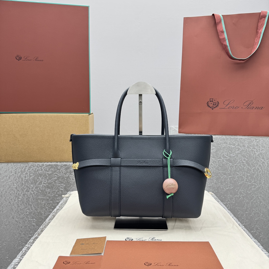Loro Piana Large Ghiera Shopper Calfskin Blue Navy/Sun Gold | Loro Pian