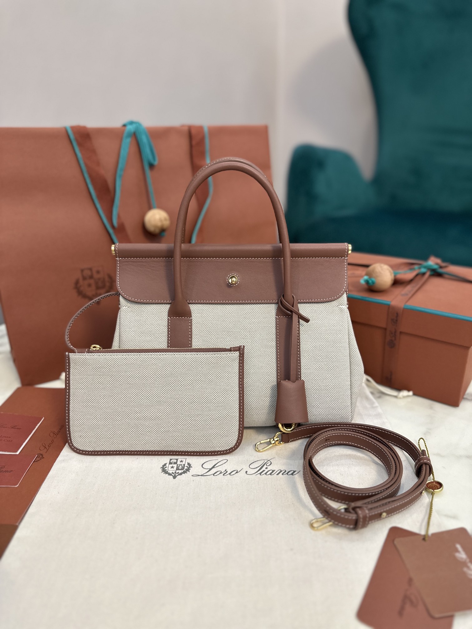 Loro Piana Loom bag L25 Cotton, Calfskin Nougat/Warm Tan/Sun Gold |