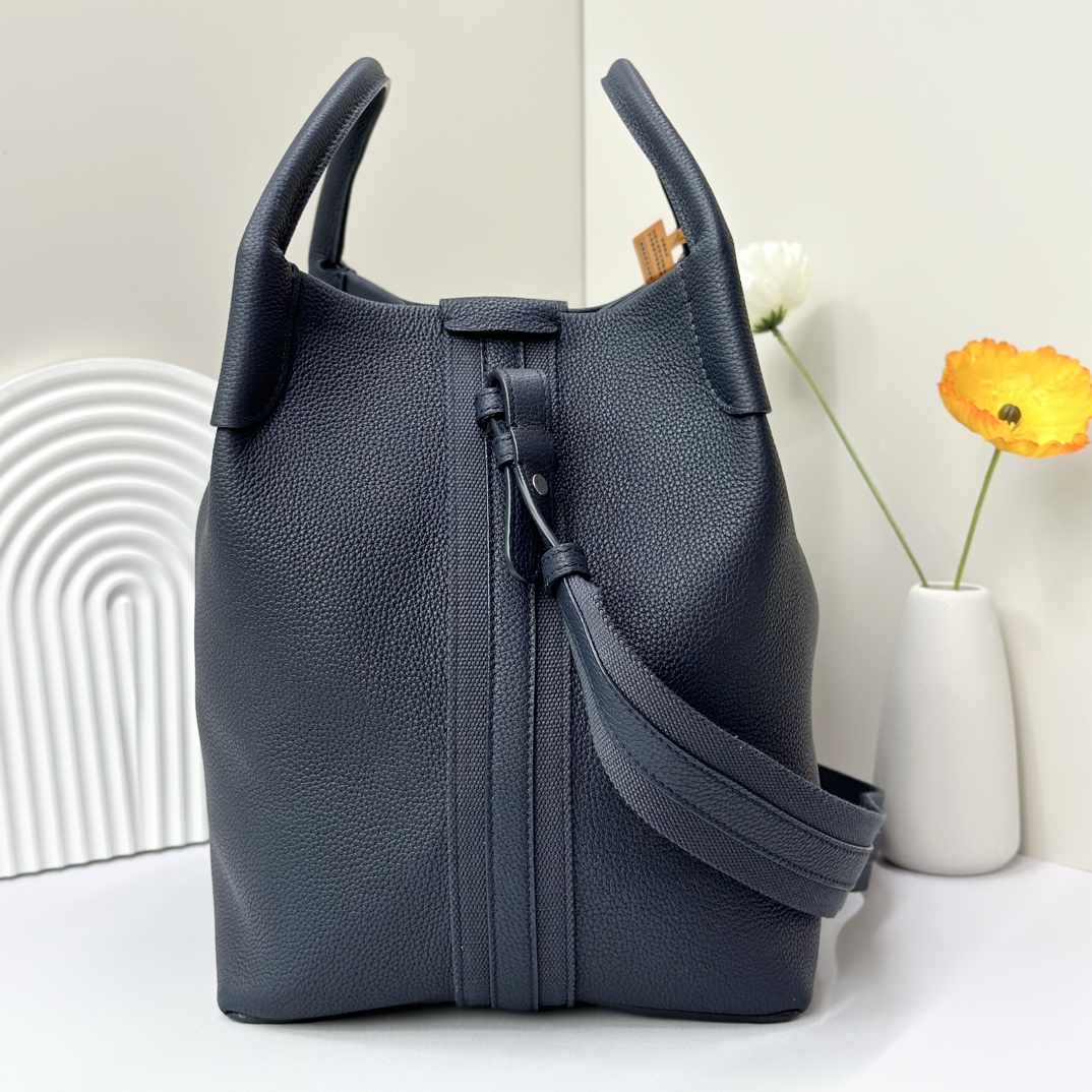 LORO PIANA Grained Calfskin Large Bale Bag Navy Blue