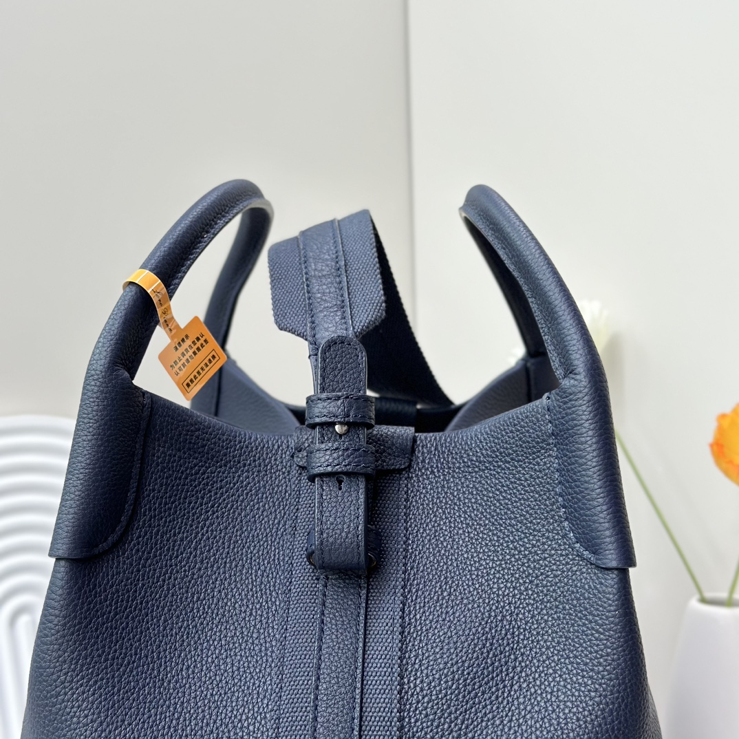 LORO PIANA Grained Calfskin Large Bale Bag Navy Blue