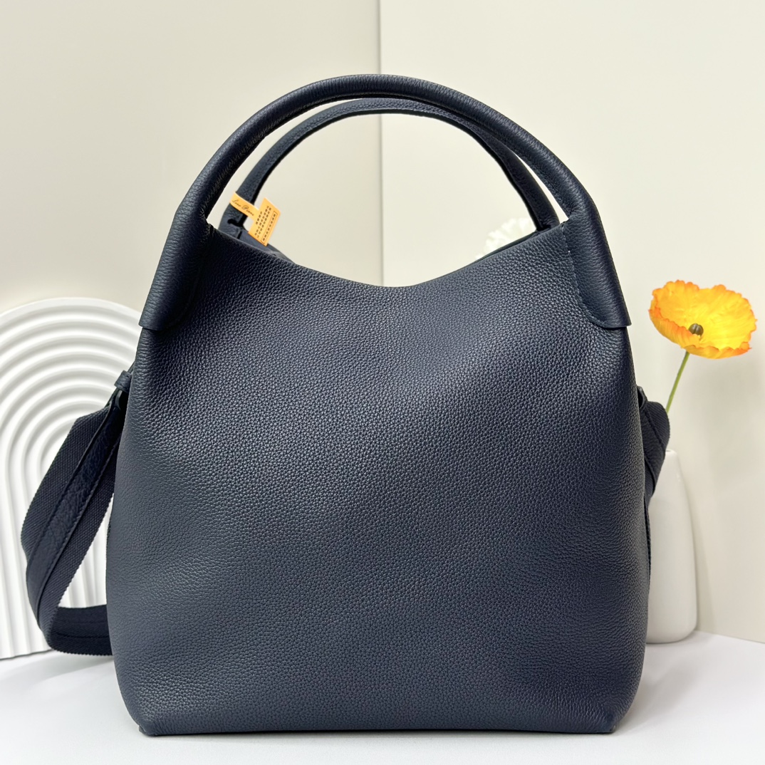 LORO PIANA Grained Calfskin Large Bale Bag Navy Blue