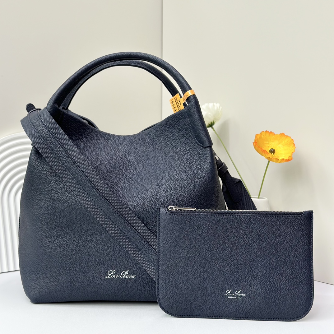 LORO PIANA Grained Calfskin Large Bale Bag Navy Blue