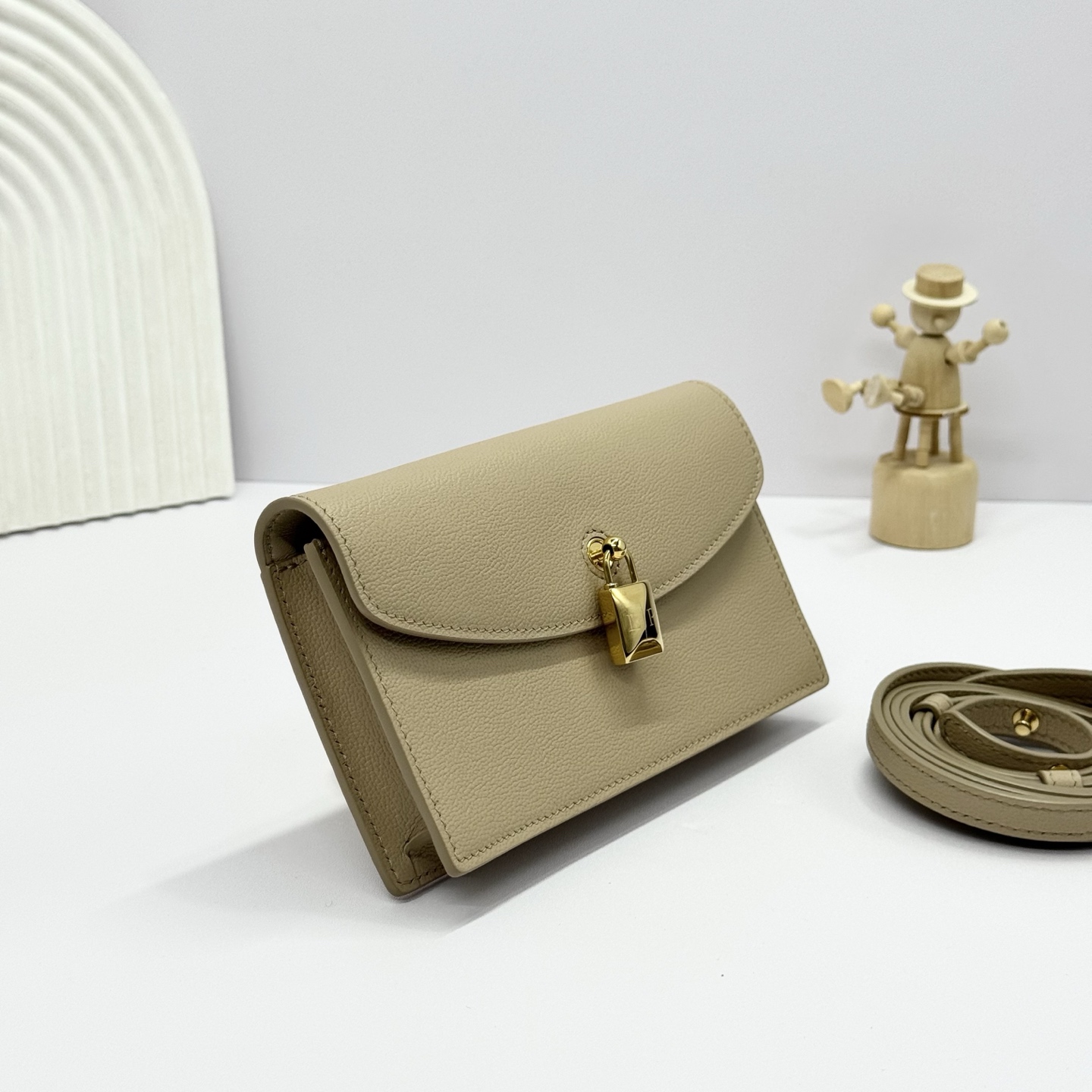 LORO PIANA Grained Calfskin Extra Pochette Light Mastic Sun
