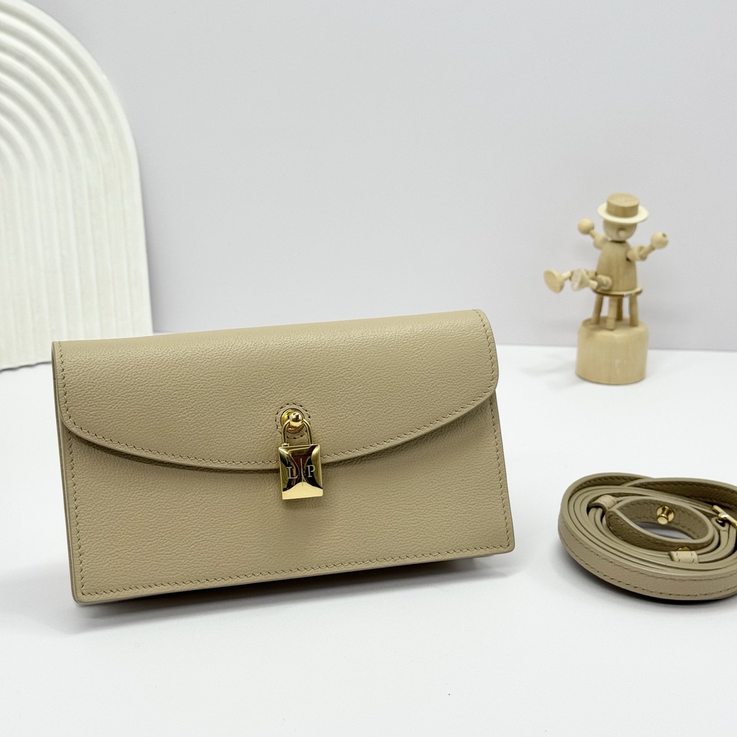 LORO PIANA Grained Calfskin Extra Pochette Light Mastic Sun