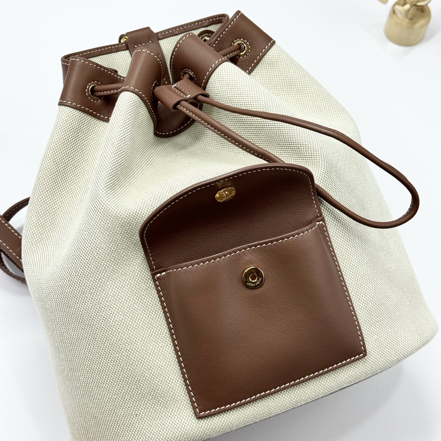 Loro Piana Extra Drawstring backpack L27 Cotton, Linen Natural/Caramel