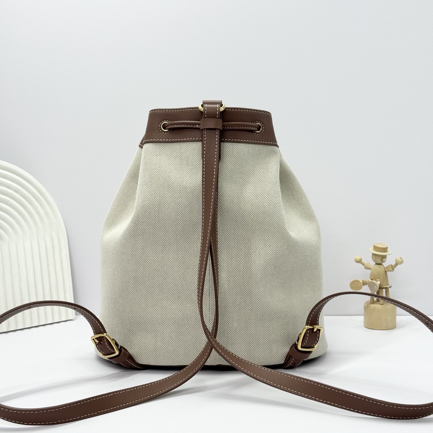 Loro Piana Extra Drawstring backpack L27 Cotton, Linen Natural/Caramel
