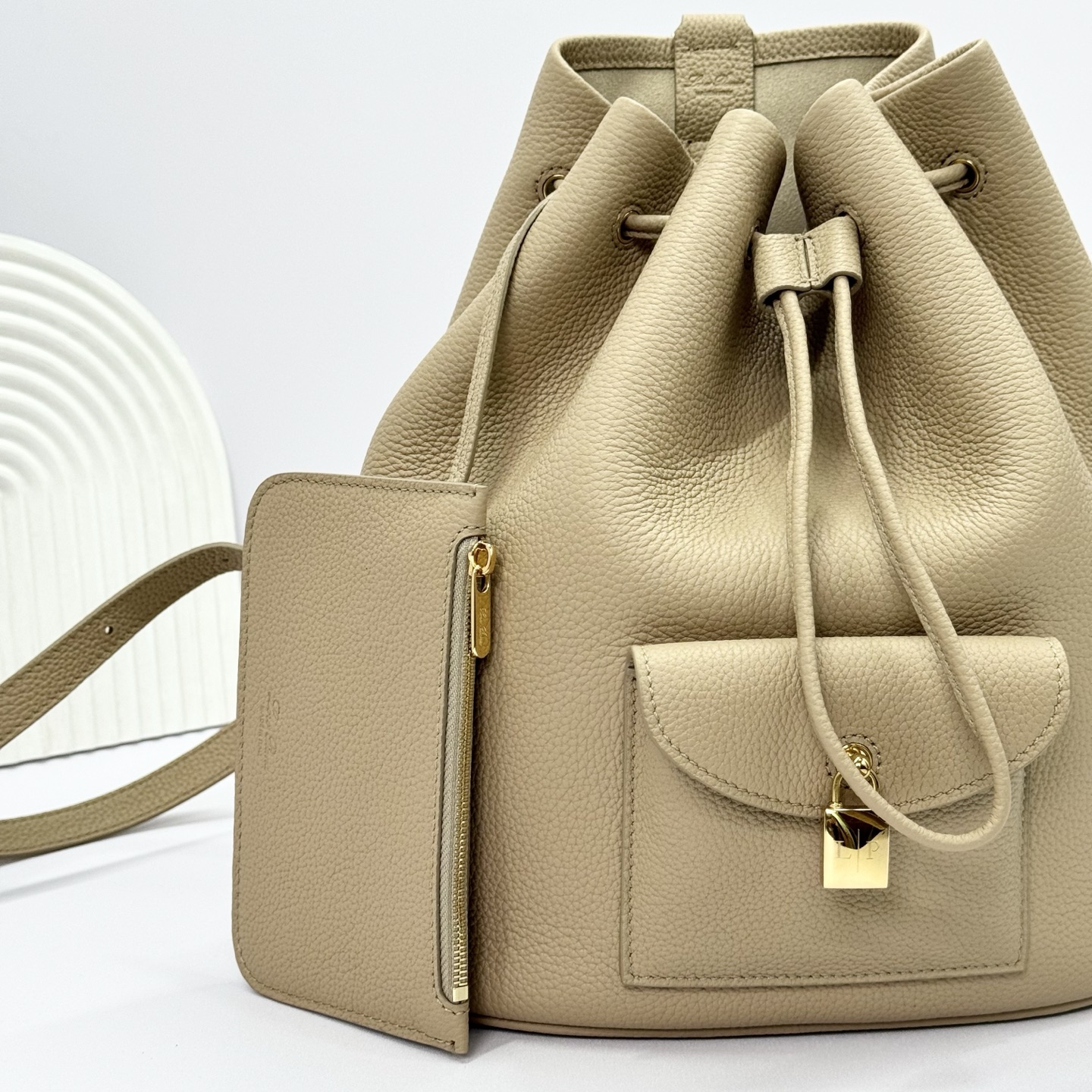 Loro Piana Extra Drawstring backpack L27 Calfskin Light Mastic/Sun Gold