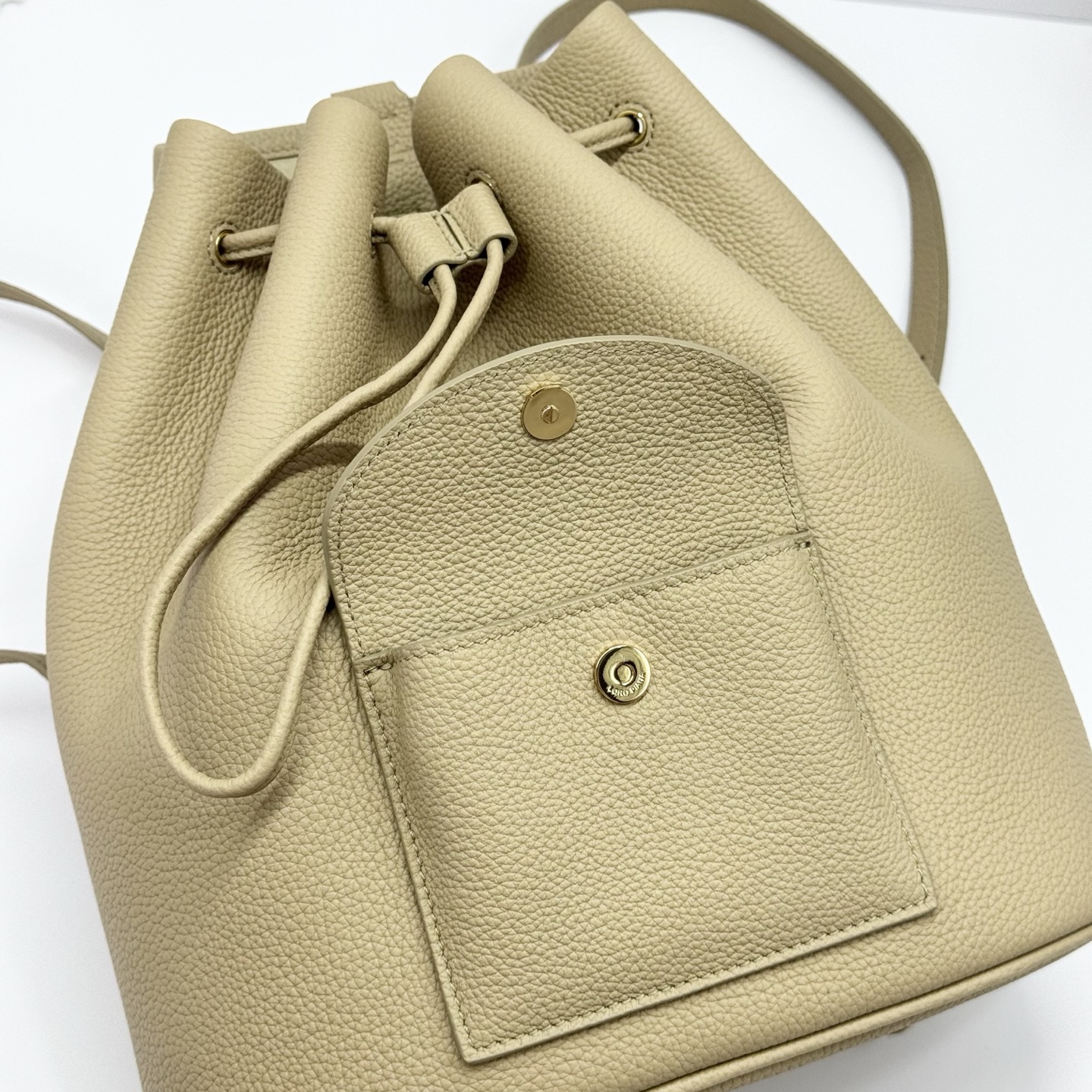 Loro Piana Extra Drawstring backpack L27 Calfskin Light Mastic/Sun Gold