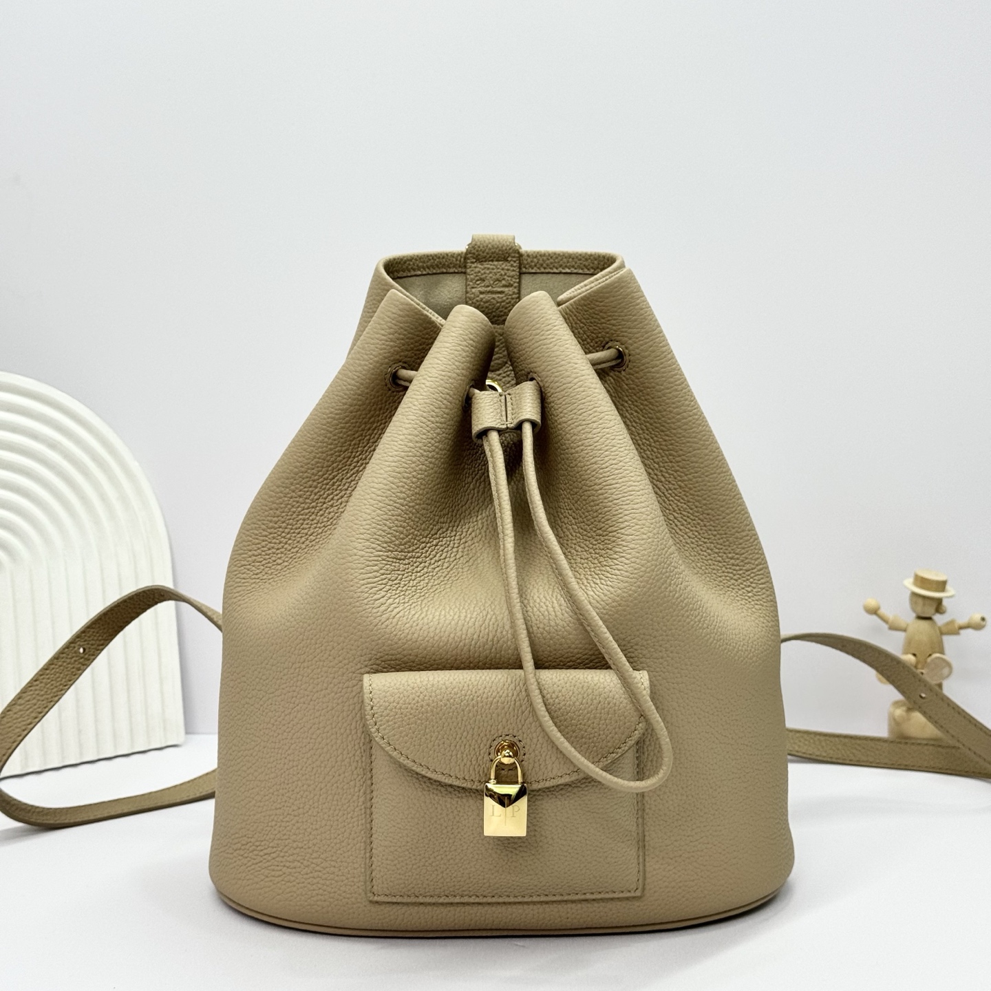 Loro Piana Extra Drawstring backpack L27 Calfskin Light Mastic/Sun Gold