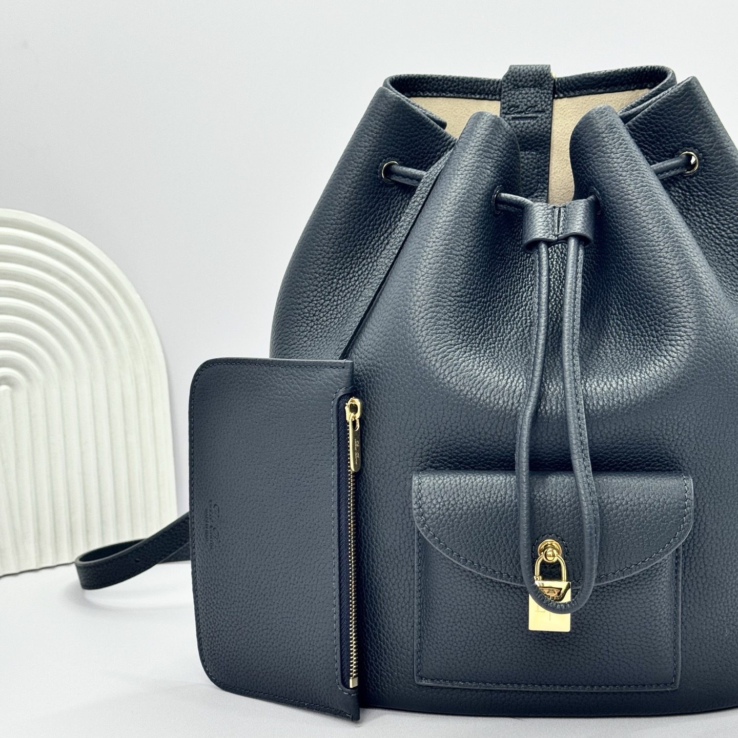Loro Piana Extra Drawstring backpack L27 Calfskin Blue Navy/Sun Gold
