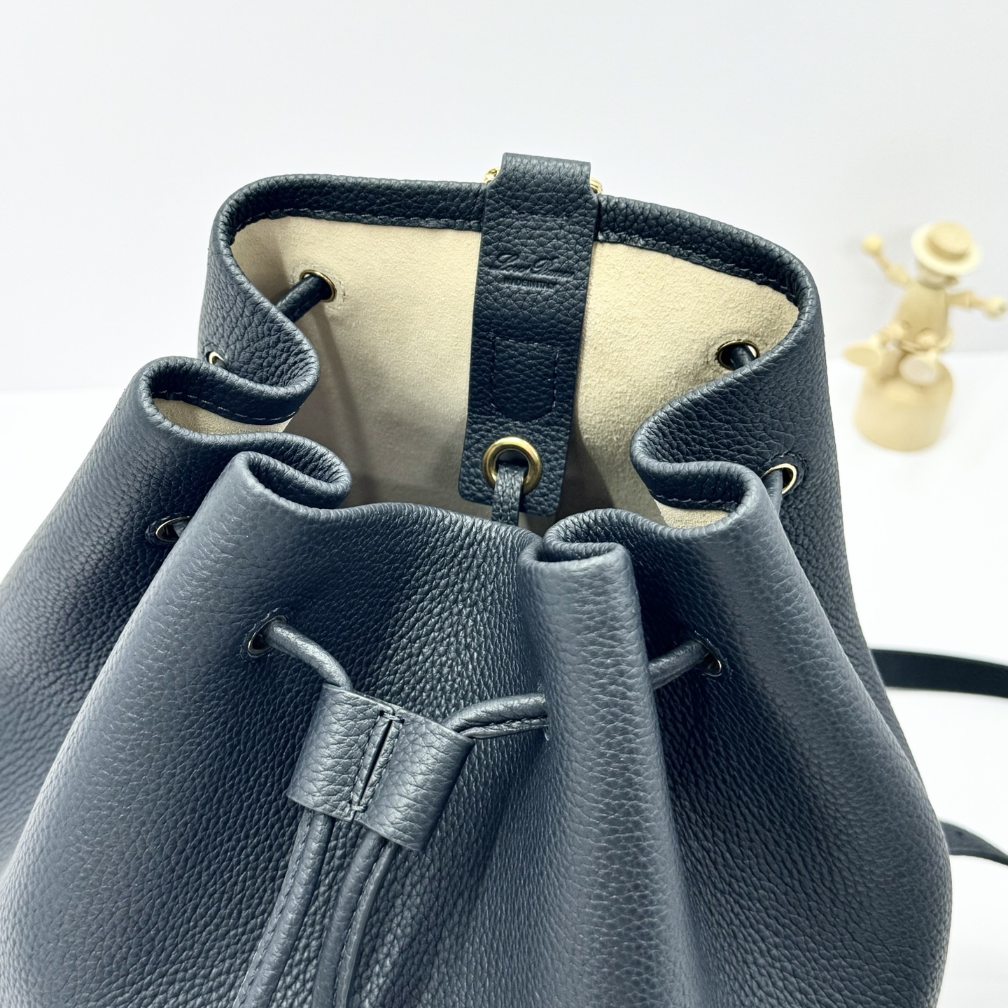 Loro Piana Extra Drawstring backpack L27 Calfskin Blue Navy/Sun Gold